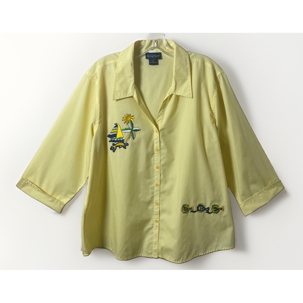 Las Olas Lemon Yellow 3/4 Sleeve Dolphin Fish Tropical‎ Button Down Shirt XL